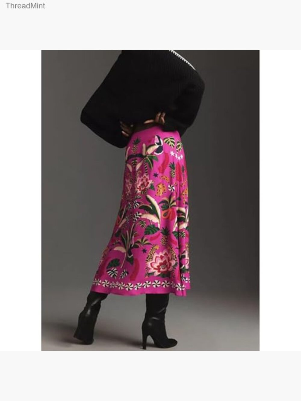 High Waisted A-Line Midi Skirt Tropical Floral Print Satin - Picture 3 of 7